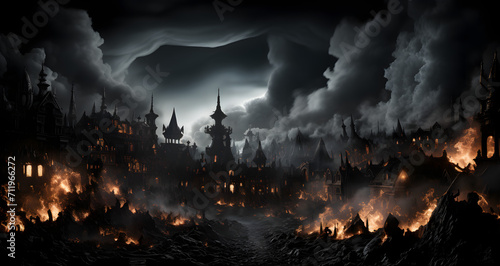 an image of the darkness with burning buildings in it