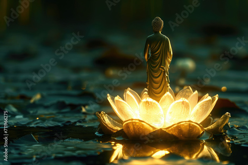 close view of Buddha face with big glowing lotus  nature background
