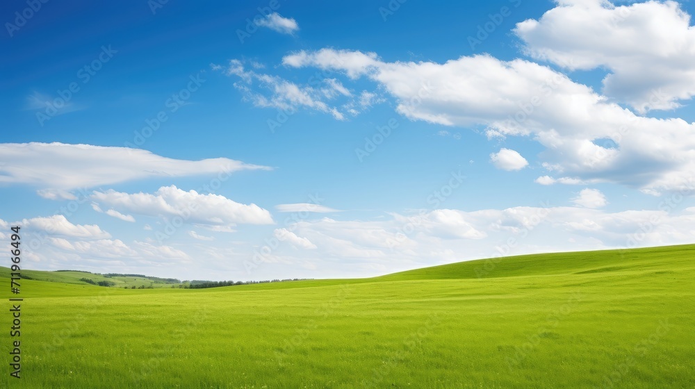 A serene and picturesque scene featuring lush green grass against a backdrop of a clear blue sky adorned with fluffy white clouds A serene and picturesque scene featuring lush green grass against a backdrop of a clear blue sky adorned with fluffy white clouds