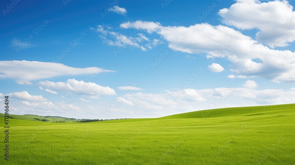 A serene and picturesque scene featuring lush green grass against a backdrop of a clear blue sky adorned with fluffy white clouds