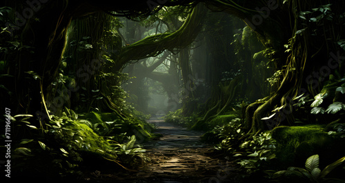 a large jungle with an empty path in the middle of it © Matthew