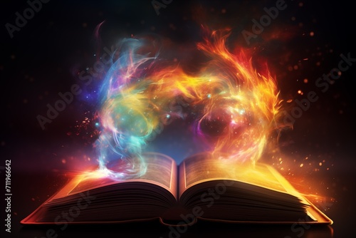 Open a magical old book with rainbow sparkles