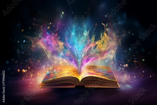 Open a magical old book with rainbow sparkles