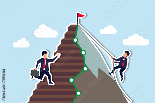 Easy and hard way to success, journey to achieve target or mission accomplish, choosing path to succeed, way to reach business goal concept, businessmen compete easy and hard way to climb mountain.