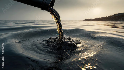 Wastewater flowing into the ocean, crude oil, pollution, close-up