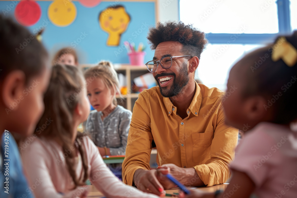 Enthusiastic teacher giving a to class full of diverse children