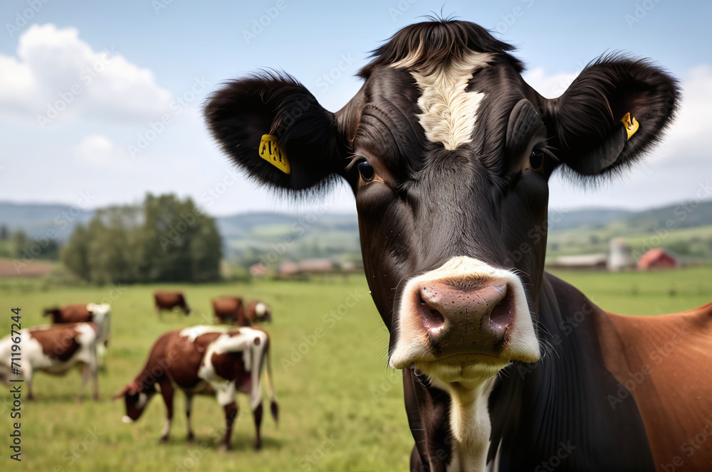A herd of cattle grazing on the fields of a commercial farmland as a cow with electronic ear tag looks on. Livestock of cows and cattle on a farm are being bred for the production of milk and meat. A herd of cattle grazing on the fields of a commercial farmland as a cow with electronic ear tag looks on. Livestock of cows and cattle on a farm are being bred for the production of milk and meat.