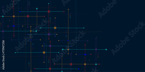 Digital technology blue background. Network technology and Connection concept.  Circuit connects lines and dots. Decentralized network nodes connections.