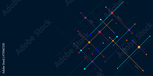 Digital technology blue background. Network technology and Connection concept.  Circuit connects lines and dots. Decentralized network nodes connections.