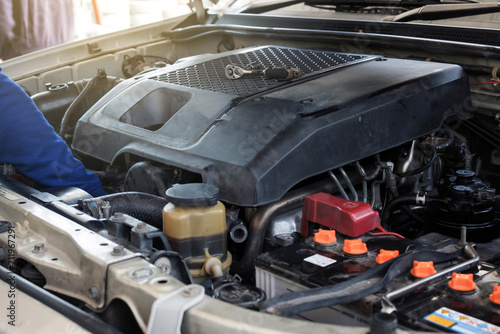 Close up of checking fix and maintenance diesel engine