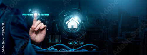 Property Management, Efficient Operations, Real Estate Optimization, Businessman touch property management-related text on the global network cyberspace, technology, and innovation concept.