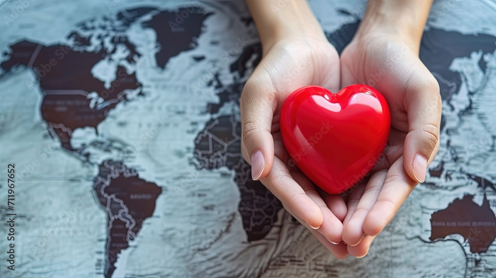 World heart day concept. Woman hands holding red heart with world map World heart day concept. Woman hands holding red heart with world map