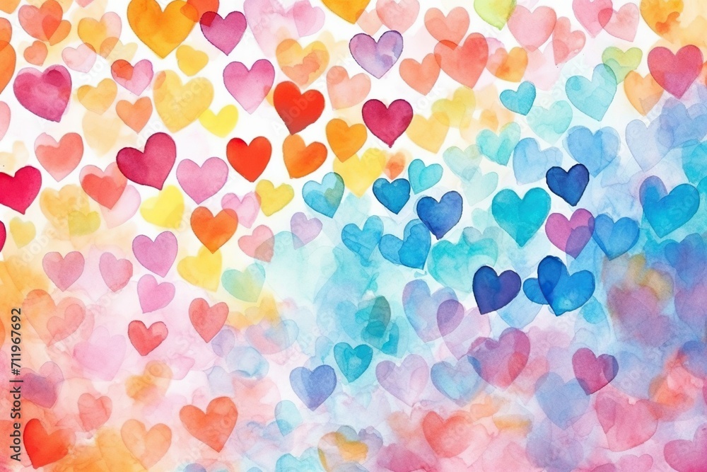 Watercolor background of colorful hearts