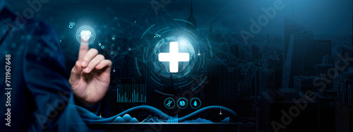 Hospital, Healthcare Advancements, Medical Innovations, Businessman touch hospital-related Icon on the global network cyberspace, technology, and innovation concept.