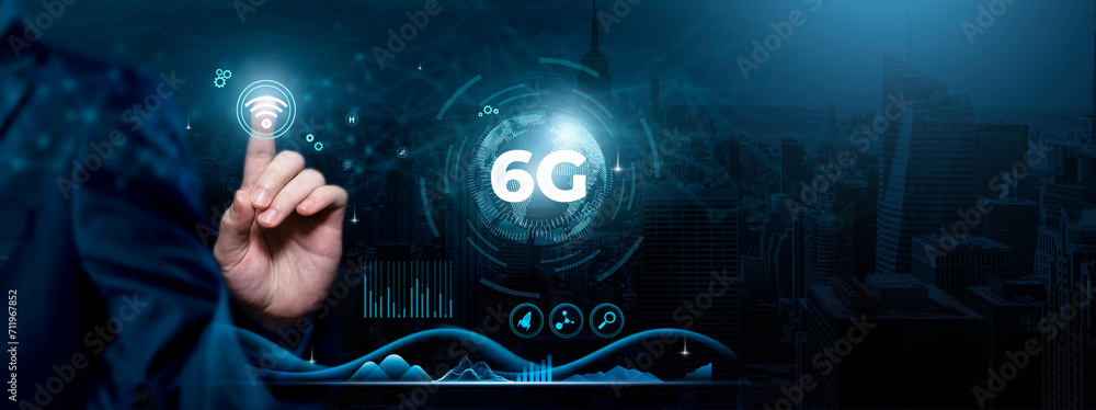 6G, Next-Generation Connectivity, Cutting-edge Wireless Technology, Businessman touch 6G-related Icon on the global network cyberspace, technology and innovation concept.