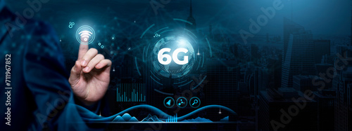 6G, Next-Generation Connectivity, Cutting-edge Wireless Technology, Businessman touch 6G-related Icon on the global network cyberspace, technology and innovation concept.