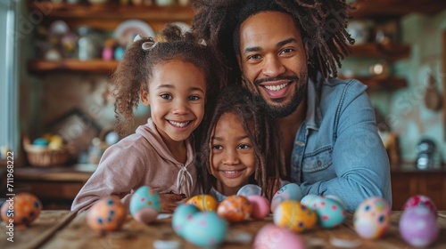 A family gathering for an Easter celebration, the high-definition camera capturing the smiles and joy as they decorate eggs together