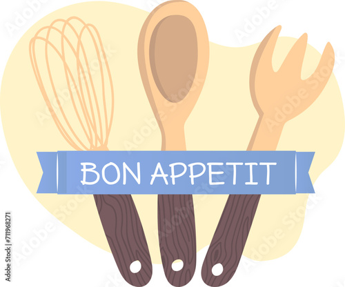 Kitchen utensils illustration with a whisk, spoon, spatula, and Bon Appetit text. Cooking tools and culinary concept vector illustration.