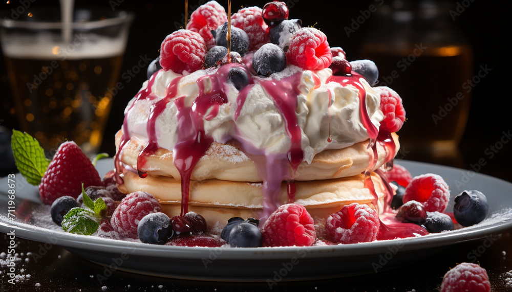 Freshness and sweetness on a homemade berry pancake stack generated by AI Freshness and sweetness on a homemade berry pancake stack generated by AI
