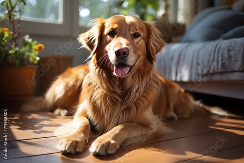A majestic golden retriever  belonging to the sporting group of dog breeds  lounges on the indoor floor by the window  embodying the epitome of loyalty and companionship as a beloved pet and cherishe