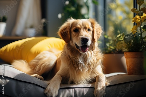 A majestic golden retriever lounges on a plush brown couch, exuding warmth and comfort as the ultimate indoor companion