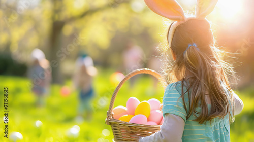 Young girl with bunny ears holding Easter egg basket outdoors photo