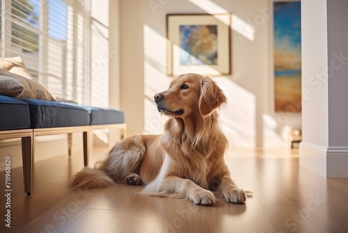 A golden retriever puppy lounges on the indoor floor, gazing out the window with a contented look, as the warm brown tones of the furniture and wall surround the adorable canine