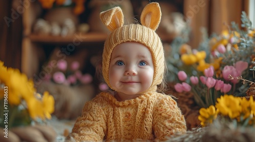  A little one wearing a cheerful Easter costume, surrounded by festive decorations and blooming flowers