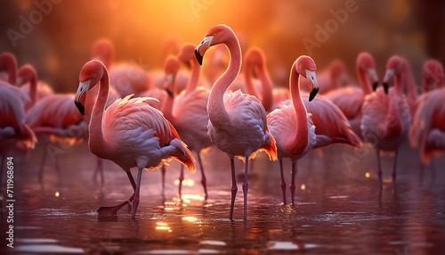 A vibrant group of flamingos wading in a tropical pond generated by AI photo