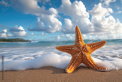 the starfish lies on the beach in front of an ocean wave