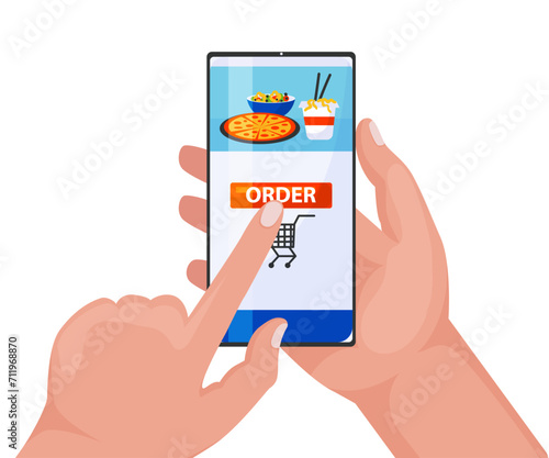 Hand pressing order button on smartphone app for food delivery. Online order of pizza and drinks with a shopping cart icon. Digital food ordering and technology vector illustration.