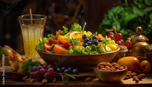 Freshness of nature bounty on a wooden table, healthy gourmet salad generated by AI