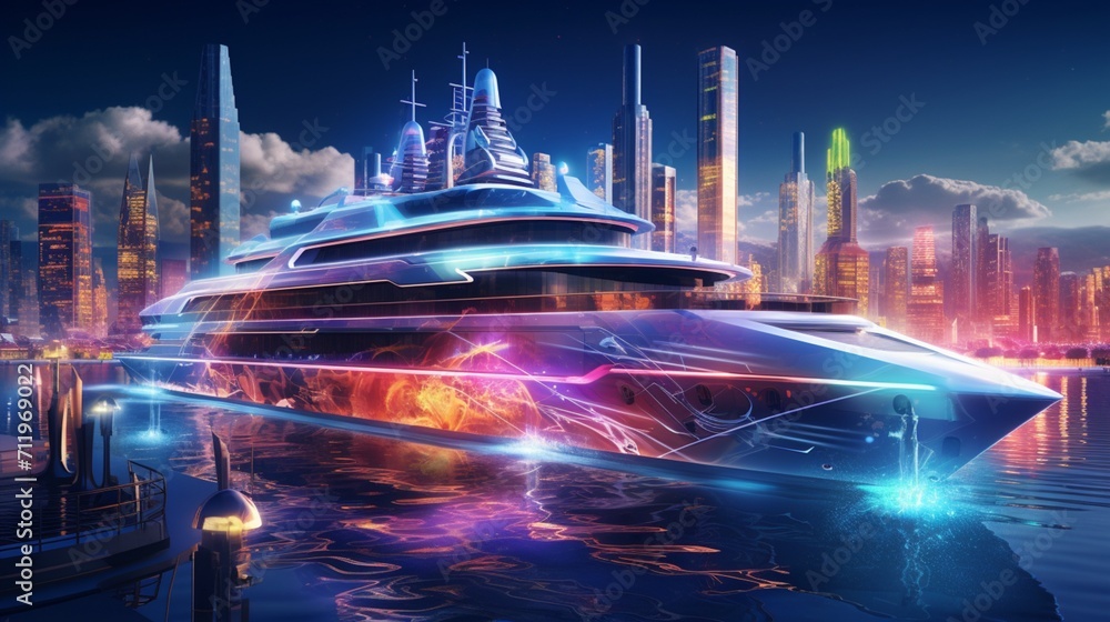 Create an image of a superyacht in a futuristic floating city, with buildings adorned in neon lights and holographic displays.