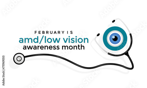 Amd low vision awareness month observed every year in month of February. Banner, poster, card template design. Health awareness.