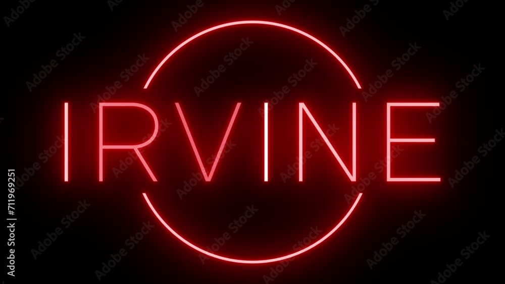 Flickering red retro style neon sign glowing against a black background for IRVINE Flickering red retro style neon sign glowing against a black background for IRVINE