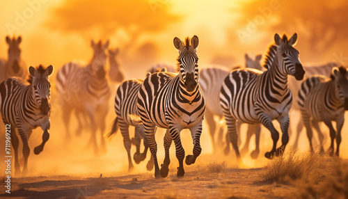 Zebra herd grazing in African savannah, nature striped beauty generated by AI