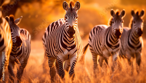 African sunset paints the plain with a striped zebra herd generated by AI