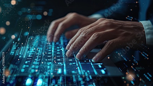 Close-up of a businessman's hands typing on a virtual command prompt, with AI ChatGPT interface, demonstrating advanced technology use. Created Using: macro photography, hands on virtual keyboard, AI 