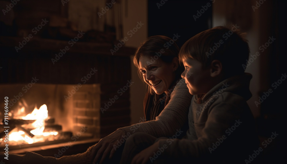 Children playing with fire, embracing warmth and togetherness indoors generated by AI