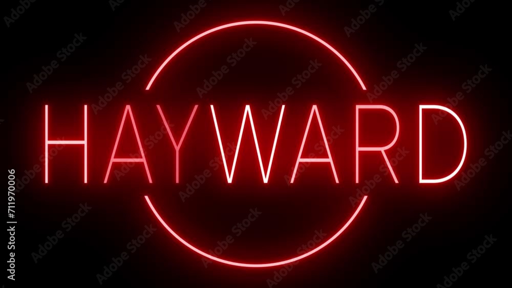 Flickering red retro style neon sign glowing against a black background for HAYWARD Flickering red retro style neon sign glowing against a black background for HAYWARD