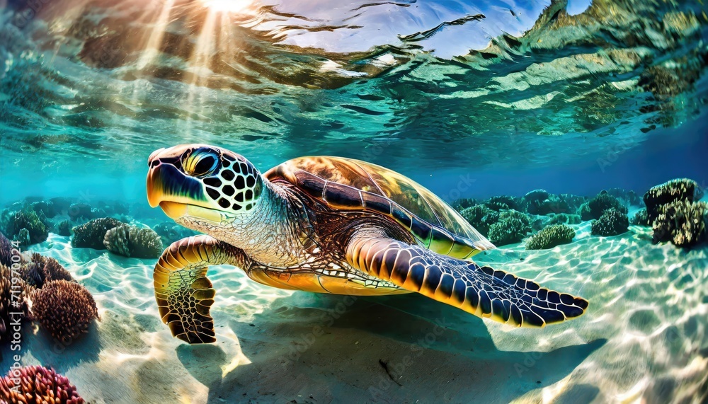 Obraz premium The green sea turtle swimming in the sea.