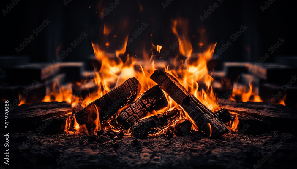 Glowing bonfire ignites comfort in the dark winter night outdoors generated by AI Glowing bonfire ignites comfort in the dark winter night outdoors generated by AI