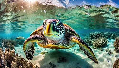 The green sea turtle swimming in the sea.