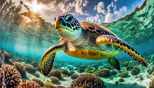 The green sea turtle swimming in the sea. © hugo