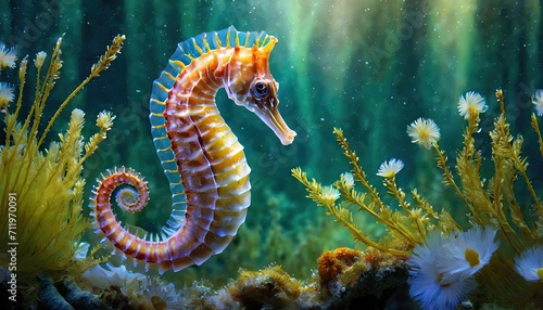 The colorful sea horse in the deep sea.