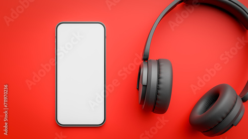 Mockup of wireless headphones and smartphone screen on red background,3d rendering