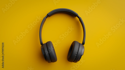 Black wireless headphones on yellow background,3d rendering