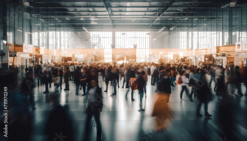 Background of an expo with blurred individuals in an exposition hall. Concept for a major international exposition, conference center, corporate marketing, and event fair photo