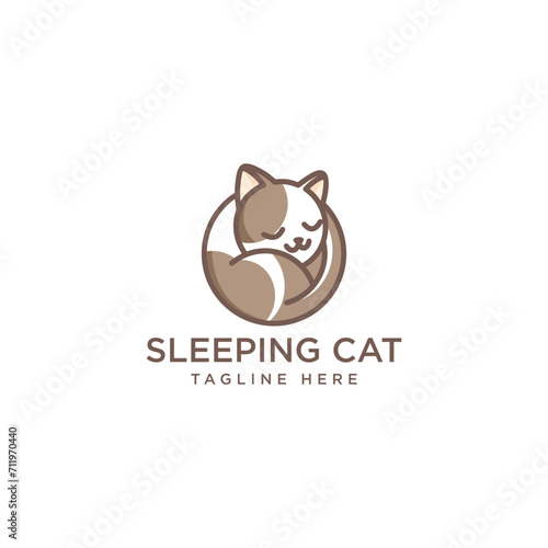 Cute cartoon cat logo, sleeping curled up in a circle. Sleeping cat logo design template. Cute pet logo concept. Vector illustration. flat color cartoon vector. Isolated vector clip art illustration.