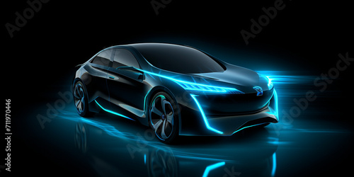 Concept of a blue neon glowing in the dark electric car driving at great speed Smooth driving in a modern sports car Shiny blue sports car races through city at night.